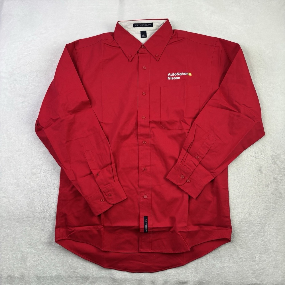 Port Authority Nissan Auto Nation Red Long Sleeve Button Up Uniform Mechanic MED